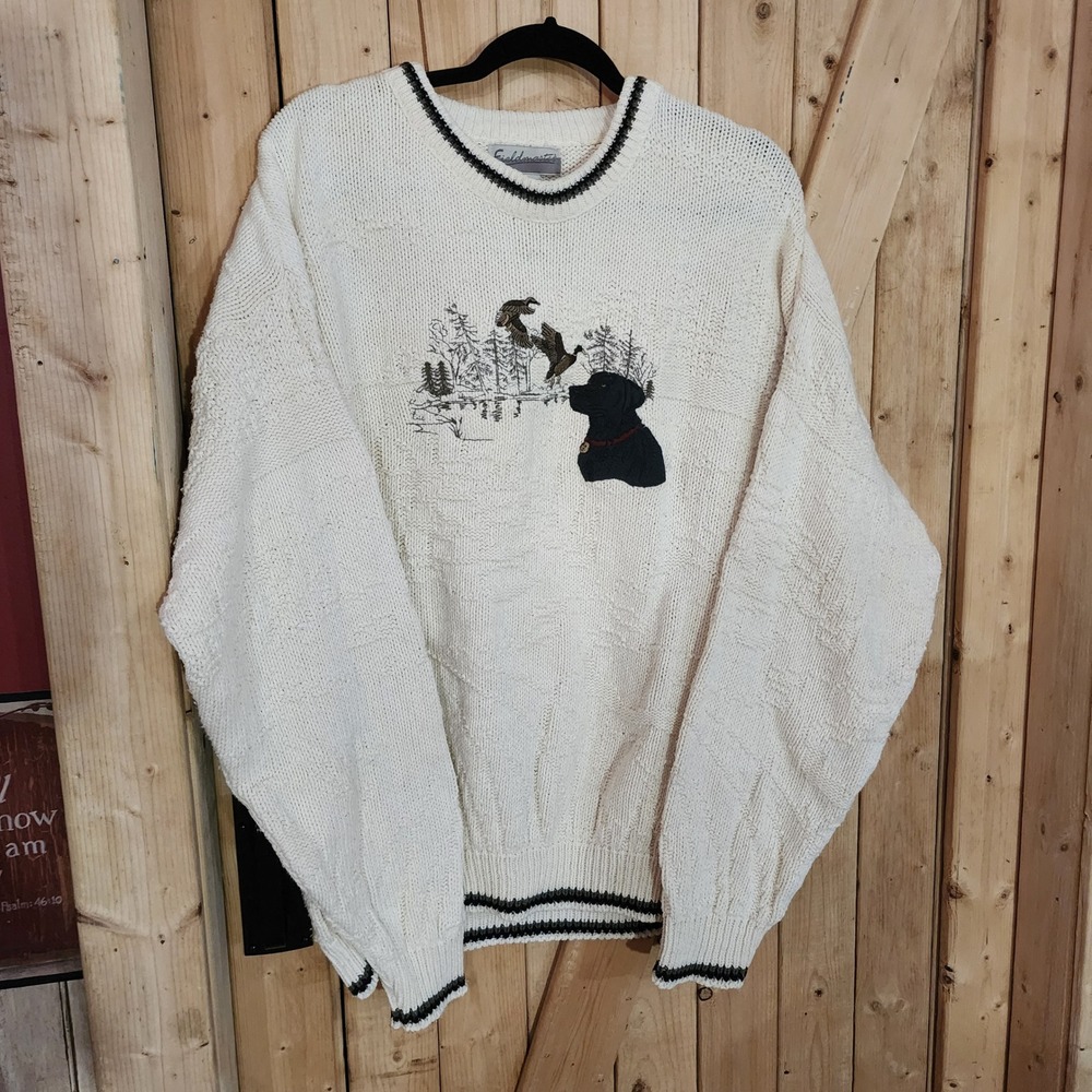 Fieldmaster Mens XL Cream Cotton Knit Sweater Embroidered Black Lab Duck Hunting